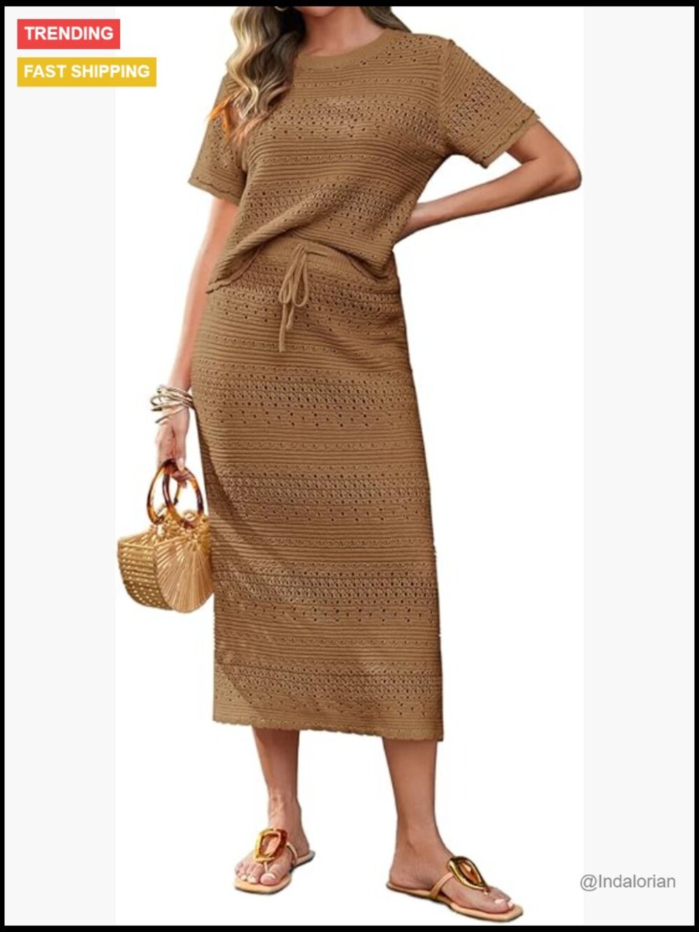 Crochet 2 Piece Cover Up Set Knit Top Midi Skirt Vacation Outfits